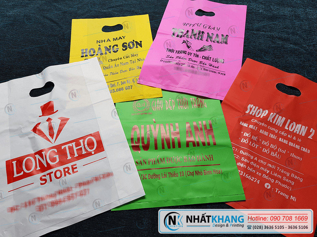 Bảng giá in túi ni lông giá rẻ tại TPHCM, xưởng bao bì Nhất Khang cung cấp túi ni lông giá sỉ cho shop và đại lý. LH: 090.708.1669 (Ms. Tuyết)
